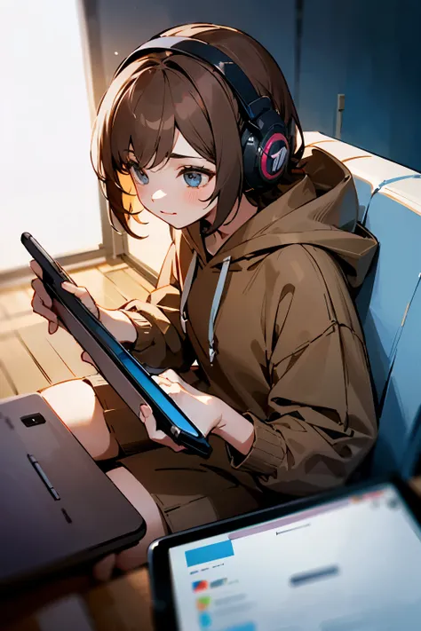 Girl gamer wearing a brown hoodie holding a tablet