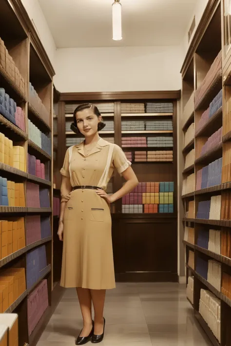 Madrid, 1935. A young ((((24-year-old)) Sira Quiroga)), in a stationary store, ((((clothings from the 1930s)))), ((hairstyle of the 1930s)), ((((colorful))))