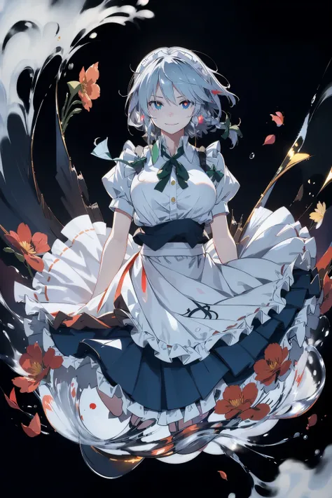 masterpiece, best quality, illustration, 1girl, solo, Izayoi Sakuya, (white short hair), maid headband, sharp eyes, (vivid color), light, thick smoke:1.6, (floating white ink:1.8), Cyan flame, (beautiful and clear background:1.25), (depth of field:0.7), Dr...