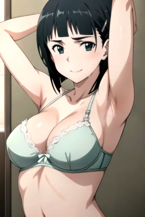 EFT_Sao_Sis, 1girl, kirigaya suguha, solo, black hair, short hair, hair ornament, smile, green eyes, hairclip, upper body, shirt, collarbone, anime coloring, (sweaty), full of sweat, ((armpits)), ((sexy lingerie)), bra, panties, wet body, shiny, full of sw...