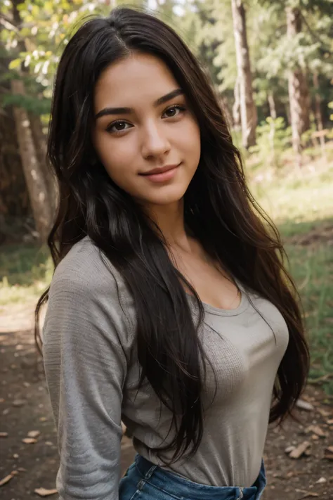 (realistic, highres:1.2, ultra-detailed), a 19-year-old girl with long and black hair, beautifully styled and flowing, styled in a natural way. This girl has a radiant smile and expressive, deep brown eyes that captivate the viewers attention. Her eyes are...