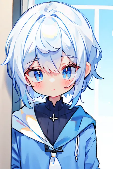  White hair, blue clothes
