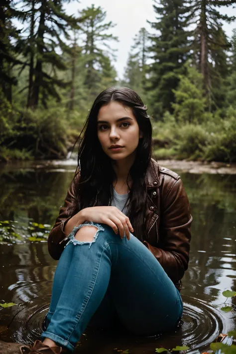 A refreshingly unconventional portrait of an intrepid young woman, aged around 25, with long, dark, wet hair cascading down her shoulders. She sits confidently in the murky center of a secluded, dirt-filled pond, clad in a ripped leather jacket and denim j...