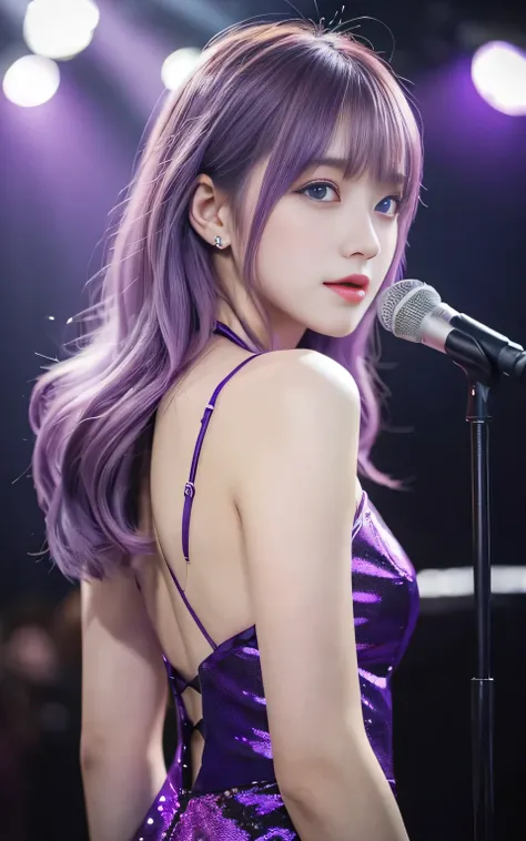 (highest quality, Back Pose:1.2), 1 female singer, 20 years old, Otherworldly fantasy,Shoulder strap,Sing alone, Light purple hair,Beautiful eyes in every detail),Upper Body,bangs,ear, Gorgeous deep purple outfit, Mysterious, Long Hair, blush, Displaying t...