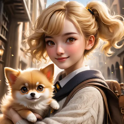 best quality, realistic, sharp, Masterpiece, Hogwarts students, Hufflepuff, Short hair with high twin tails., Short hair with golden blonde twin tails., serious, smile, Very naughty, cute and bright, freckles on face, freckles, holding a magic wand,In Diag...