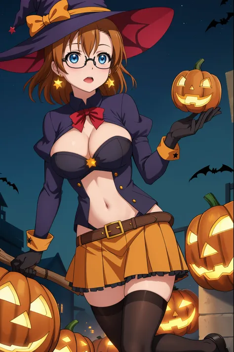 (Masterpiece, Best Quality, High Quality), cowboy shot,kousaka honoka, blue eyes,volumetric lighting, illustration, beautiful, breasts, skirt, large_breasts, black_hair, thighhighs, gloves, hat, jewelry, earrings, glasses, belt, star_(symbol), witch_hat, c...