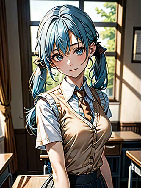 ((highest quality)),(超A high resolution),(Very detailed),(Detailed Description),((The best CG)),(masterpiece),Ultra-detailed art, ((Light blue hair:1.3))、((High-quality fabric, Light brown cardigan vest:1.4, Light grey pleated skirt, (Short sleeve shirt wi...