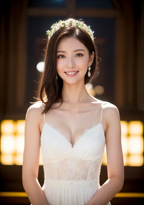 Beautiful 25 year old  woman。She is wearing a summer wedding dress. She is smiling on illuminated by the evening church lights . romantic sunset. her dark brown hair. High resolution、masterpiece、highest quality、頭w:1.0、((Hasselblad Photos))、fine skin、(movie...