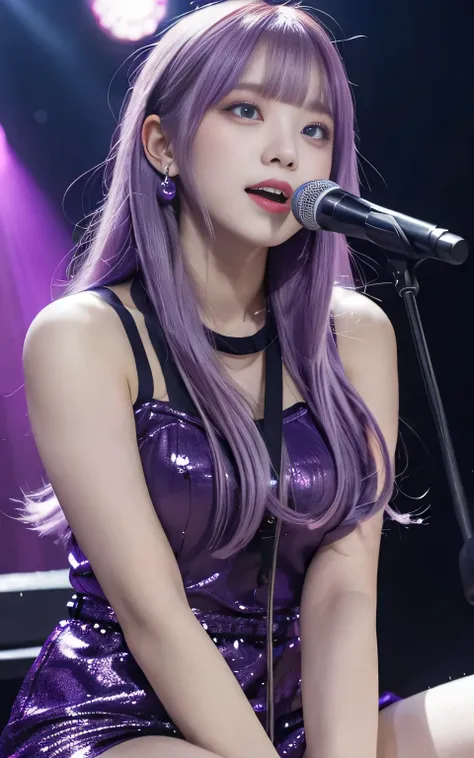 (highest quality, Spread Legs:1.2), 1 female singer, 20 years old, Otherworldly fantasy,Shoulder strap,Sing alone, Light purple hair,Beautiful eyes in every detail),Upper Body,bangs,ear, Gorgeous deep purple outfit, Mysterious, Long Hair, blush, Displaying...