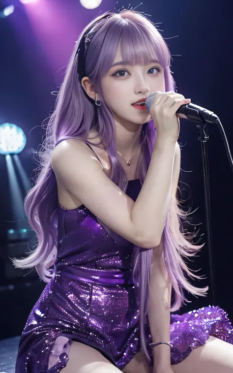 (highest quality, Spread Legs:1.2), 1 female singer, 20 years old, Otherworldly fantasy,Shoulder strap,Sing alone, Light purple hair,Beautiful eyes in every detail),Upper Body,bangs,ear, Gorgeous deep purple outfit, Mysterious, Long Hair, blush, Displaying...