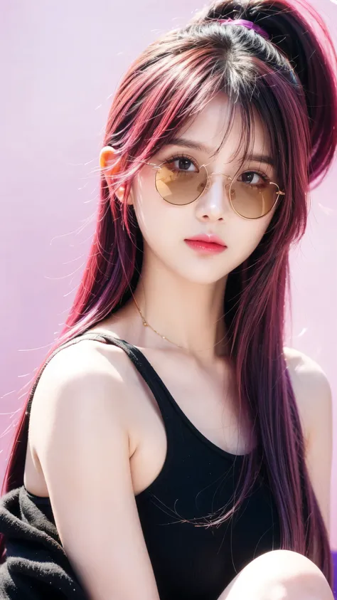 yae miko wearing stylish yellow sunglasses, background, Pink Hair, Purple Eyes