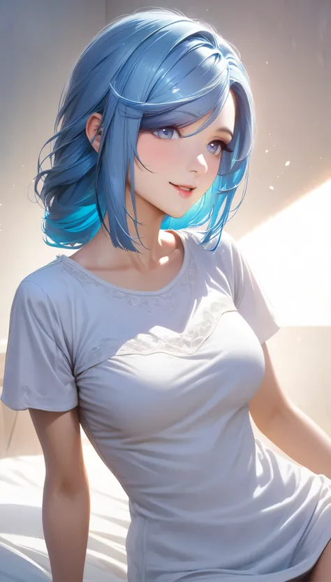 shenhe,((blue hair)), beautiful face,smiling, fit body, moderate breast,sitting on a bed,wearing white sleepwear ,illustration,detailed textures,ultra-detailed(realistic),portrait style,vivid colors,soft lighting.