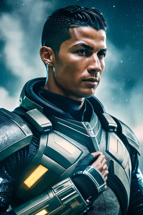 Cristiano Ronaldo, (1 man: 1.5), galactic soldier, action pose, hyper-realistic photography, starry night background, intense focus, (best quality: 2.5), meticulously detailed armor, chiseled features, strong jawline, piercing gaze, high definition, Ultra-...