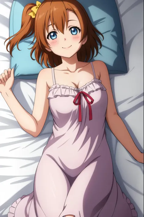 (Masterpiece, Best Quality, High Quality), volumetric lighting, illustration, beautiful, kousaka honoka, blue eyes,breasts, blush, smile, cleavage, bare_shoulders, closed_mouth, collarbone, lying, frilled camisole, on_back, two_side_up, pillow, bed, bed_sh...