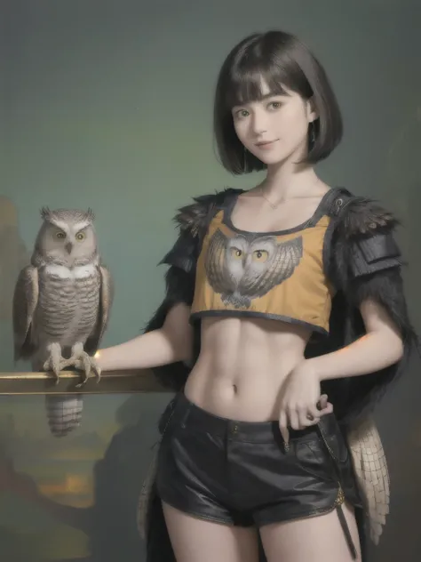 224 Short Hair, 20-year-old woman, A kind smile, (There are also colorful owls), (Rembrandt-style painting), ((machinery suit,Clothes with short sleeves)),I can see your abs