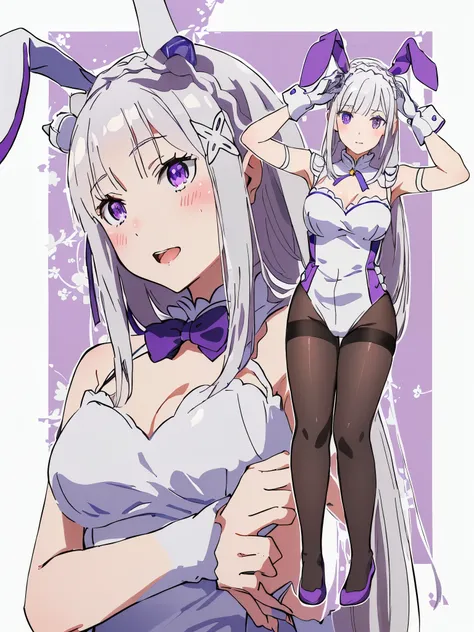 Emilia re:zero, purple eyes, Emilia, crown braid, x hair ornament, flower hair ornament, white hair, long hair, medium breasts, anime girl with bunny ears and a white bodysuit and black tights, shikamimi, reisen udongein inaba, ahegao, silver hair (ponytai...