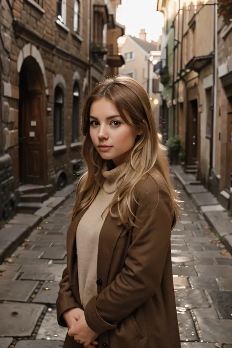 blonde woman with brown eyes in old cobblestone street Morning photos in an empty cobblestone street for a nostalgic look.