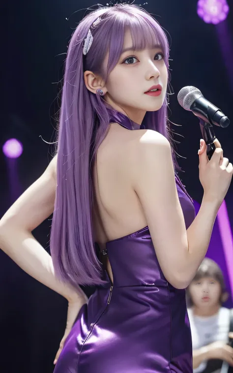 (highest quality, Back Pose:1.2), 1 female singer, 20 years old, Otherworldly fantasy,Shoulder strap,Sing alone, Light purple hair,Beautiful eyes in every detail),Upper Body,bangs,ear, Gorgeous deep purple outfit, Mysterious, Long Hair, blush, Displaying t...