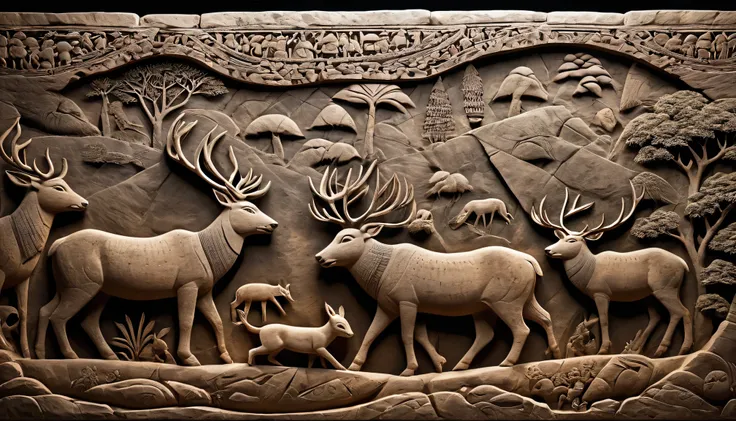 These ancient stone carvings represent hunting scenes。prehistoric art、primitive art、tribal art、wild animals、Forest view、nomadic lifestyle、Hunting tools、Bow and Arrow、heritage、archaeology、symbol、ceremony、Cultural Relics、Survival Stories、Ancestral Wisdom、Pri...