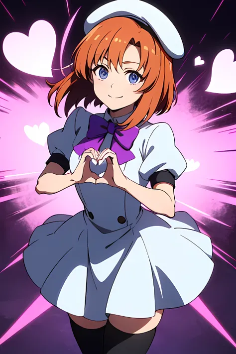 (masterpiece, best quality, anime,Cel shading,incredibly absurdres),RENA RYUUGUU, ORANGE HAIR, SHORT HAIR, BLUE EYES,beret, black thighhighs, bow, bowtie, dress, hat, puffy short sleeves, puffy sleeves, purple bow, purple bowtie, short sleeves, thighhighs,...
