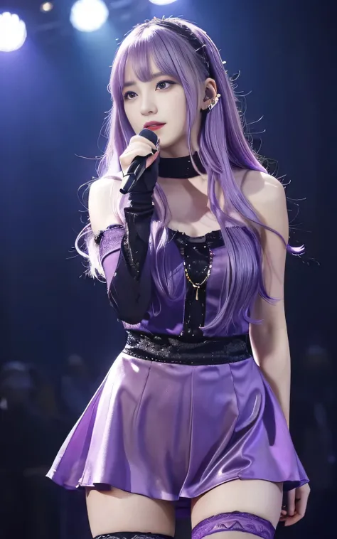 (highest quality, Seductively Posing:1.2), 1 female singer, 20 years old, Otherworldly fantasy,Shoulder strap,Sing alone, Light purple hair,Beautiful eyes in every detail),Upper Body,bangs,ear, Gorgeous deep purple outfit, Mysterious, Long Hair, blush, Dis...