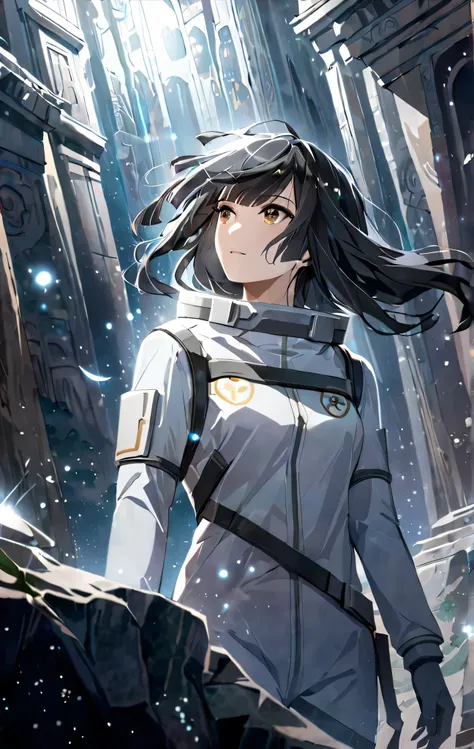 masterpiece,best quality, solo, eda, 1girl, bangs, black hair, white clothes, spacesuit, floating, old stone temple, ancient mural, light particles,