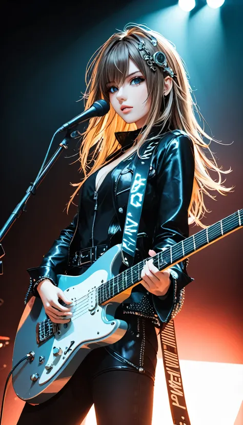 Rock girl stands on stage with a guitar. A photo with a flash, very detailed eyes, looking closely at the camera, complex parts, Unusual hair, complex parts, complex parts, complex parts