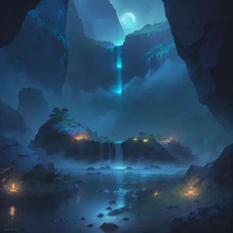 There is a cave，There is a waterfall inside，The waterfall lights up at night, Concept art rendered in Unreal Engine, Concept art stunning atmosphere, cartoon,Less details,jessica rossier fantasy art, Concept Art 8 K resolution, concept art 8k resolution, C...