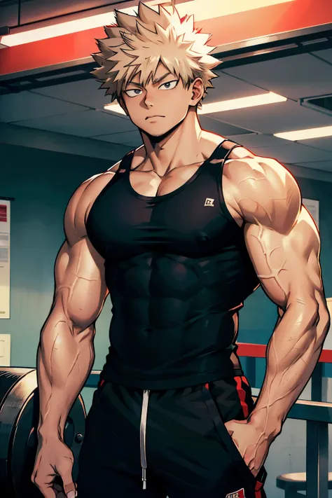 katsuki bakugo from boku no hero academia, wearing black gym pants and black tank top, bodybuilder, defined body, abs