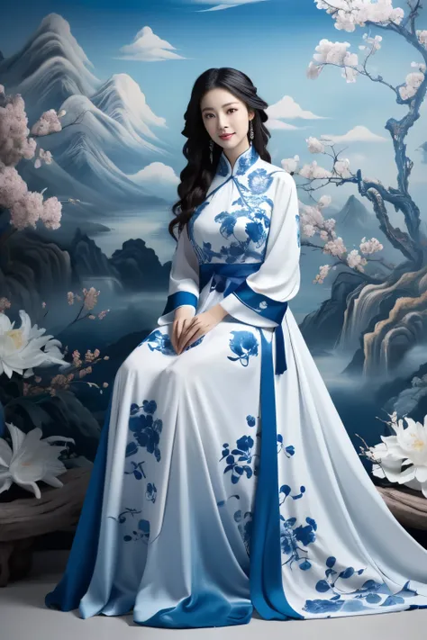 Best quality,masterpiece,best quality,photo realism,official art,(full body photo:1.5),A girl sitting amidst a bouquet of flowers,smiling with rosy cheeks,adorned with elegant long black hair,dressed in a blue floral print dress themed in shades of cyan an...