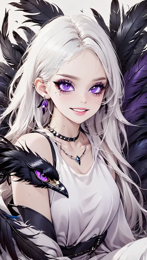 A beautiful white-haired girl with piercing purple eyes, Open your lips wide and smile, Black nails, Surrounded by black feathers everywhere