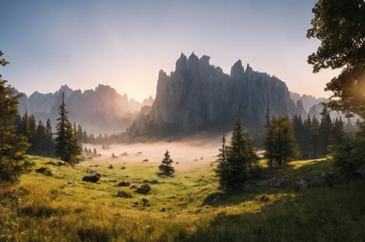 Create a rugged landscape of valleys and mountains., Shrouded in thick fog, Less sunlight, Has twisted trees and thick trunks, The undergrowth resembles grass and grass, In a hyperrealistic landscape, In dead flowers, 4k, Cinema lighting, natural light, gr...