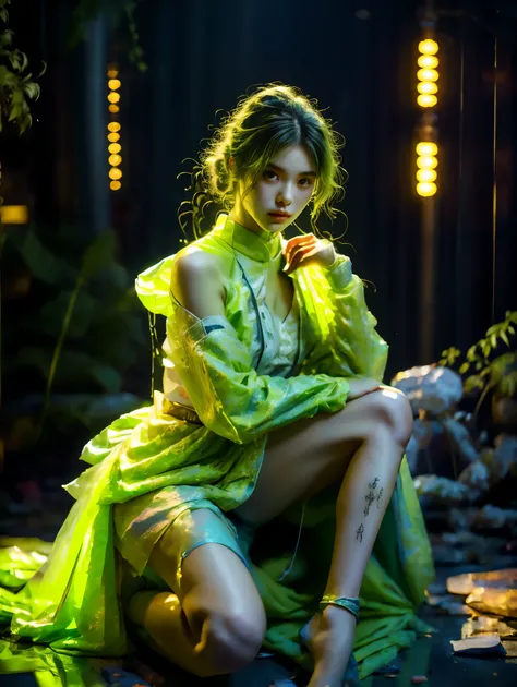 Asian bunny girl, wearing a fluorescent green dress, liquid texture, cyberpunk, Final Fantasy style, exquisite facial features, holding cotton candy，(Knee Shot:1.5)，masterpiece，best quality，high resolution，8K，original photo，real picture，Digital Photography...