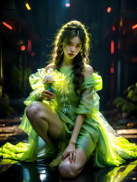 asian bunny girl, wearing a fluorescent green dress, liquid texture, cyberpunk, final fantasy style, exquisite facial features, ...