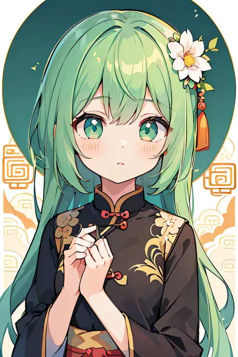 ((Cute girl in a Chinese dress:1.2))、 face、((masterpiece、highest quality、Ultra high definition、High resolution))、Anime Girls、((Ultra-detailed illustrations:1.2))、Just One、bangs、Hair between the eyes、Green Hair、Beautiful Hair、Random color eyes、Beautiful Ide...