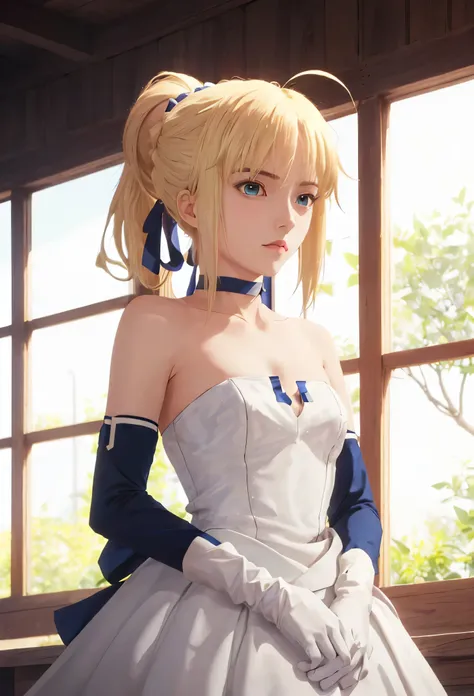 best quality, masterpiece, highres, solo, {saber_fatestaynightufotable:0.90}, 1girl, elbow_gloves, bare_shoulders, official_alternate_costume, white_gloves, white_dress, choker, ponytail, strapless, anime_coloring, small_breasts