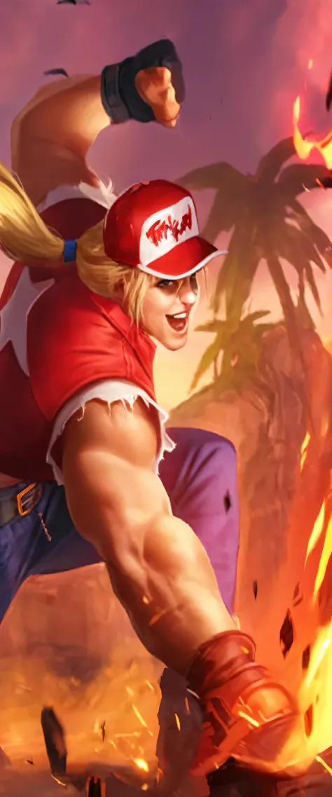 TerryBogard, red vest, white sleeveless t-shirt, blonde hair, ponytail, denim pants, red sneakers, belt, fingerless gloves, red trucker cap
masterpiece, best quality, absurdres, mount rushmore, looking at viewer, smile,