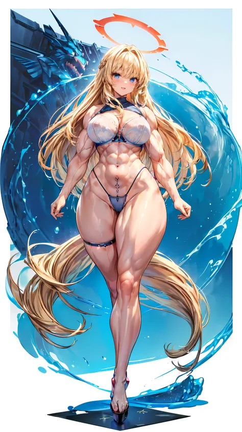 Very detailed、highest quality、Best image quality、masterpiece、8k、Anime Face、A kind smile、(Open your mouth:1.3)、Sparkling blue eyes、(Blonde semi-long hair:1.5)、(Muscles of the whole body:1.3)、(High leg panties:2.0)、Thigh belt、(Upper body photo:1.5)、(SFW Gian...