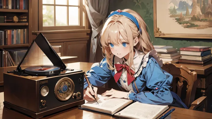 (masterpiece, best quality), Alice(Alice in Wonderland), studying on a desk, writing something on a notebook, listening to a record player