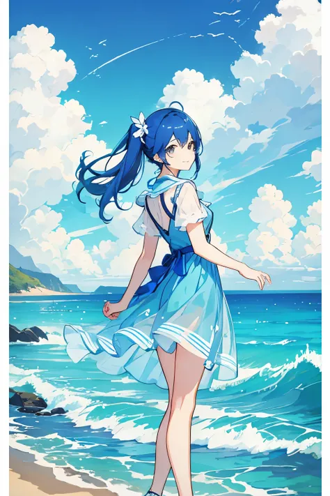 The background is the sea and blue sky. The overall color is a transparent blue. A cool-looking girl is looking back at us and smiling. The transparent and appealing atmosphere is appealing.
