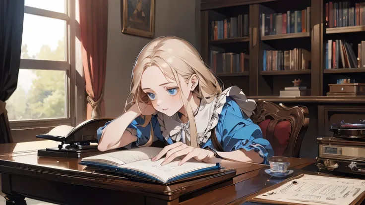 (masterpiece, best quality), Alice(Alice in Wonderland), studying on a desk, writing something on a notebook, listening to a record player