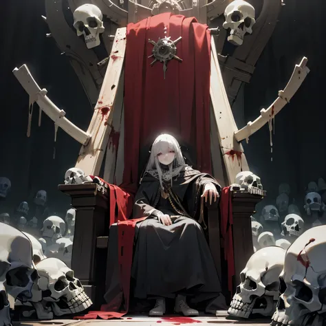 Throne made up of skulls and bones covered in blood