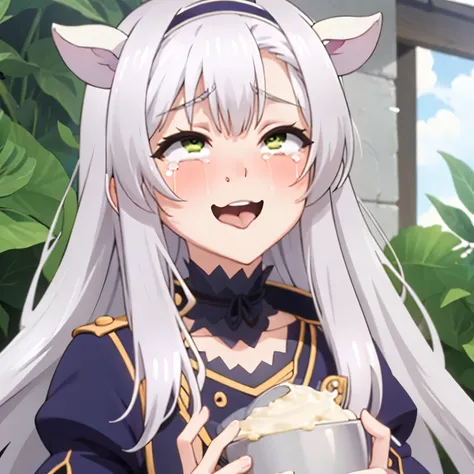 1girl, white hair, green eyes, cat ears, crying, crying of hapiness, ahegao, tongue all out, smiling, hairband, cum, eyes rollin...