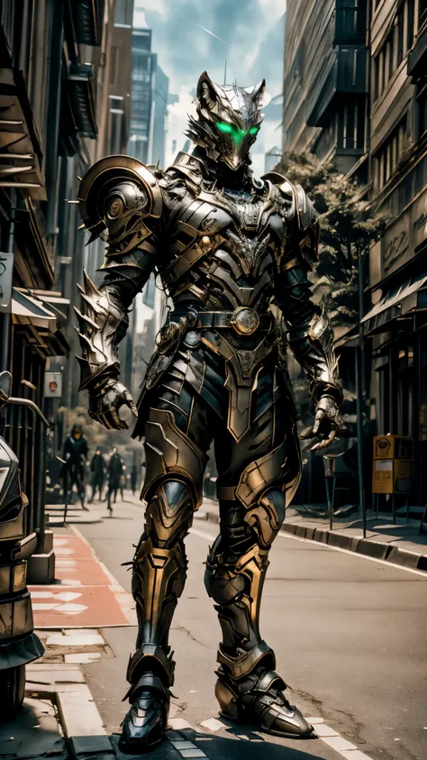 A man wearing a full-face helmet, a fantasy-style biomecha armored combat suit, green eyes, (a composite layered chest armor), fully enclosed shoulder guards, matching arm and leg guards, the belt is adorned with dragon claw grasping orbs, (primarily black...