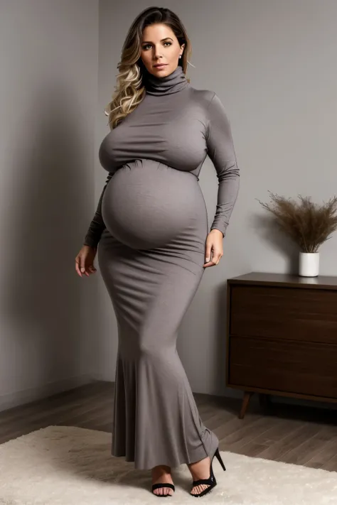 style:photo | Deanna, pregnant, talking to a handsome man, Mohair Turtleneck, very long Skirt, Spike Heels, as a 45yo sexy woman, big big breast  obese, shocked, dark hair messy hair caucasian, standing, chest out, erotic, entire_body_in_view, big sexy  ju...