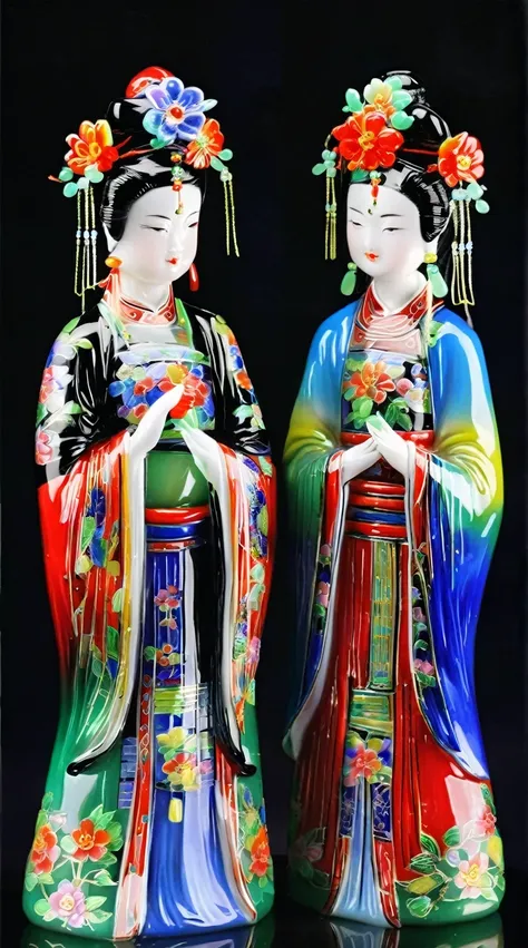 Art jade doll,
Two ancient Chinese beauties, one wearing red and the other blue green , holding flowers in their hands, ceramic dolls made with colorful glaze color glass painting on a black background, bright colors, meticulous brushwork, high definition...