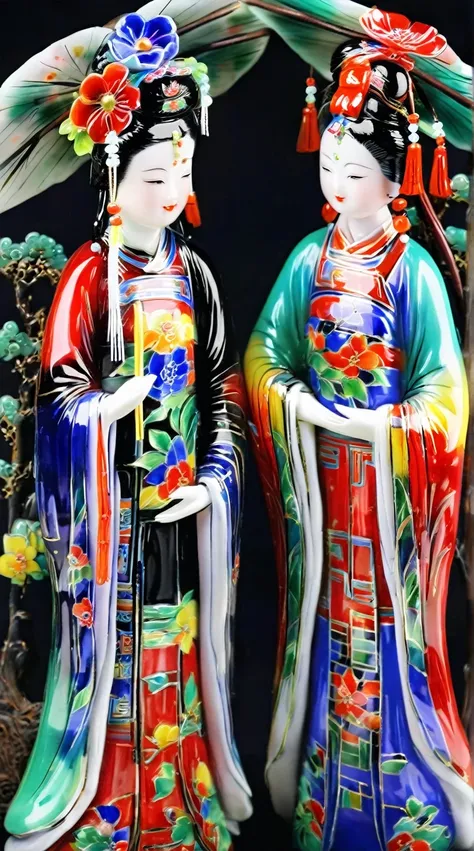 Art jade doll,
Two ancient Chinese beauties, one wearing red and the other blue green , holding flowers in their hands, ceramic dolls made with colorful glaze color glass painting on a black background, bright colors, meticulous brushwork, high definition...