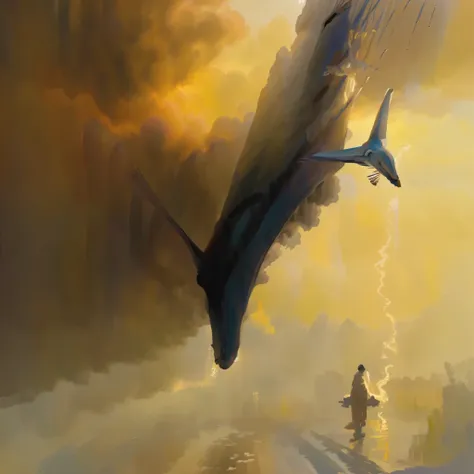 there is a dolphin flying in the sky, sky whales, sergey kolesov, inspired author：rhads, flying whaless, concept art | raz, auth...