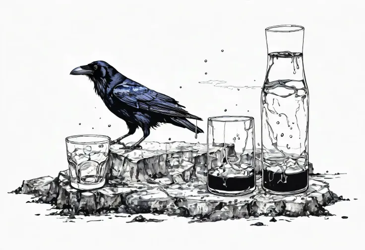 glasses, ink, alcohol, raven, landscape, art, austerity