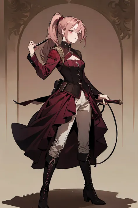 Burgundy ponytail，Dark pink hair，Very long ponytail，Burgundy ponytail，girl，Standing posture，European Clothing，Holding a long whip，Handsome girl，Green eyes，boots